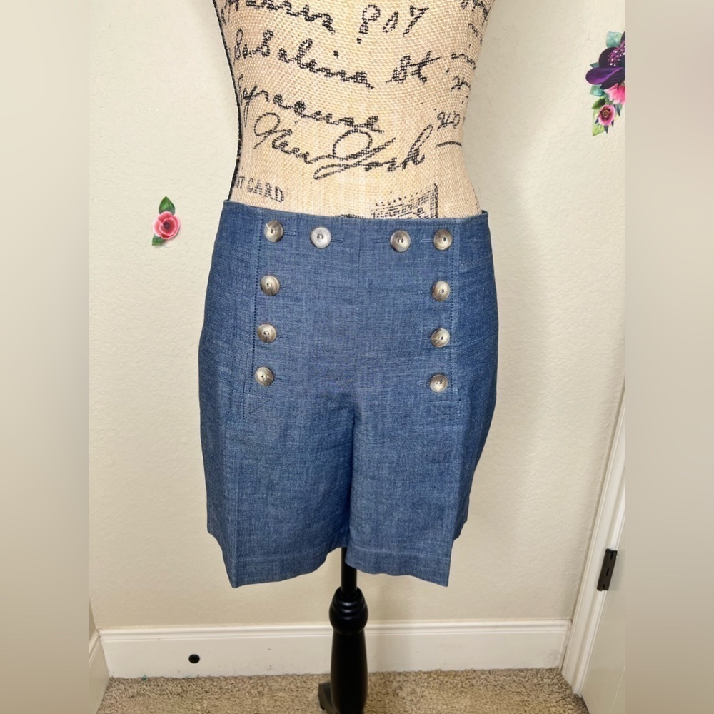 Cremieux Chambray Sailor Shorts Blue Medium Rise Side Zip Women’s Size 8
